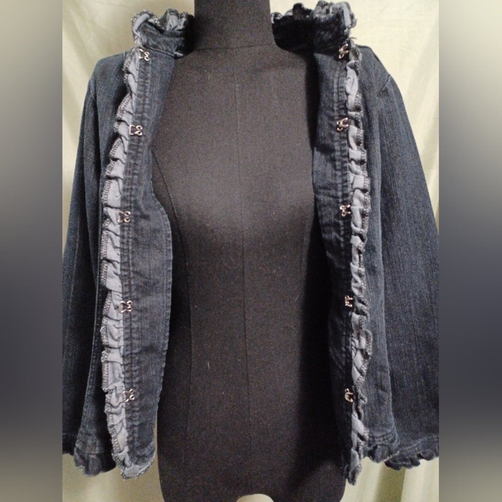 Petite Sophisticate Blue Denim Ruffle-Trim Jean Jacket Velvet Detail Design - Picture 10 of 14